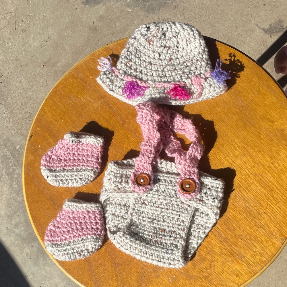 Handmade Crochet Newborn Fishing Set - Pink and Gray